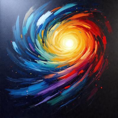 The primary subject of the image is a colorful painting or drawing of a spiral or swirl, featuring a mix of blue, orange, and yellow colors. The setting is a black background, which contrasts with the vibrant colors of the spiral. The visual style appears to be a combination of digital art and illustration, as the spiral is intricately detailed and the colors are rich and vivid. The overall atmosphere of the image is dynamic and energetic, with the spiral's swirling motion